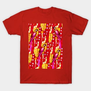 RED MACAWS ,YELLOW LEAVES,TROPICAL PLANTS FLORAL PATTERN T-Shirt